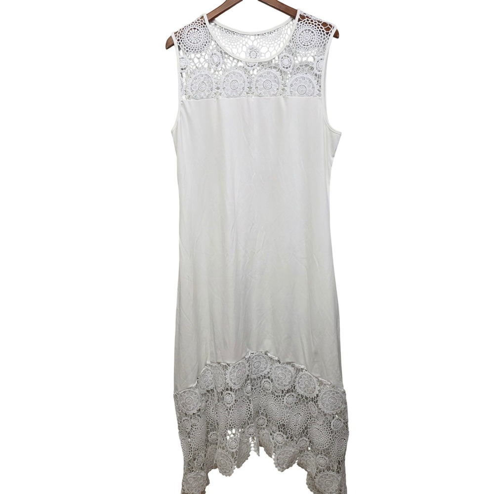 White Sleeveless Midi Dress with Crochet Trim